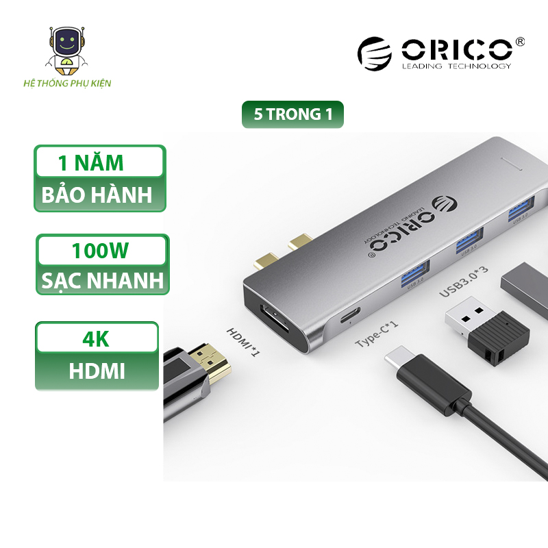 Hub chuyển đổi USB Type-C 5 trong 1 dành cho Macbook/Laptop ORICO 2CT-5H-GY1 Hàng Chính Hãng