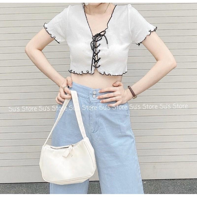 Áo croptop đan dây mắt cáo, ảnh thật trải sàn