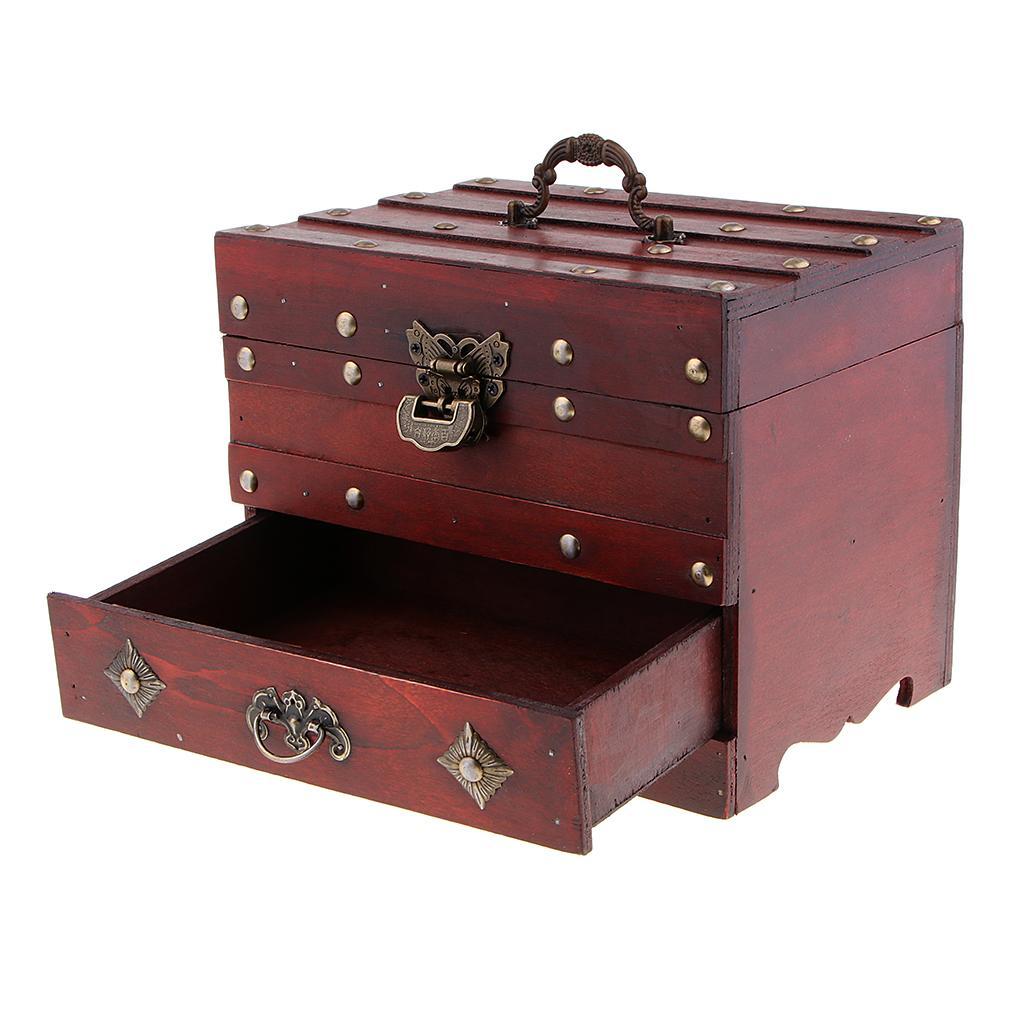 Vintage Wooden Jewelry Box with Lock Storage Rings Trinket Case Organizer