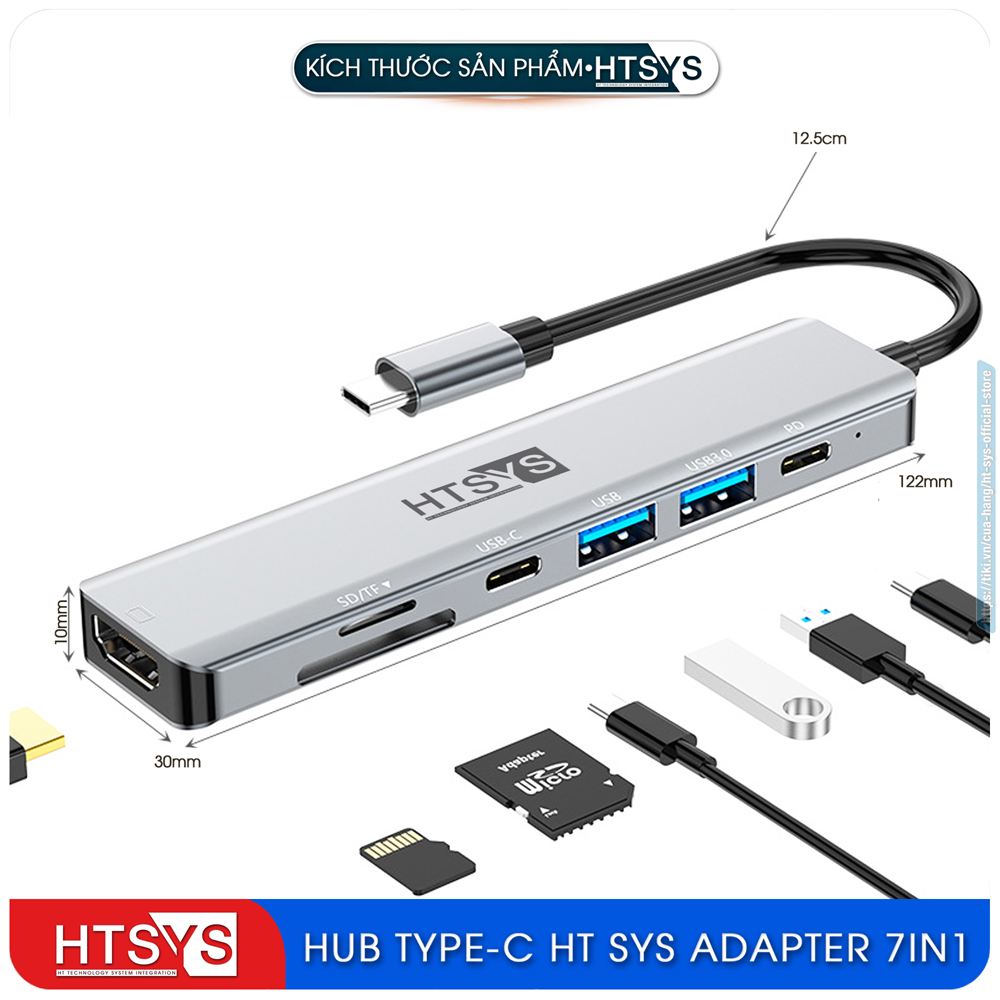 Hub Type C HT SYS 7 in 1 To HDMI, USB 3.0, SD, TF, USB C, PD 100W - Hàng Chính Hãng