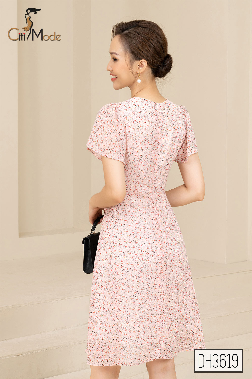 Đầm xòe peplum hồng hoa nhí công sở CITI MODE cổ V tay ngắn chất Voan cao cấp DH3619