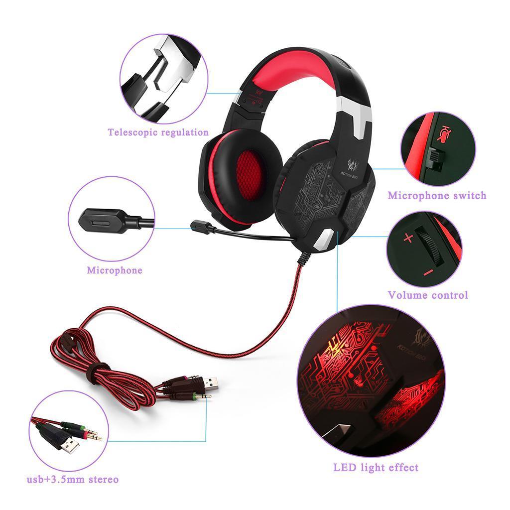 3.5mm PC Bass Stereo Headphones LED Light Gaming Headset Black and Red