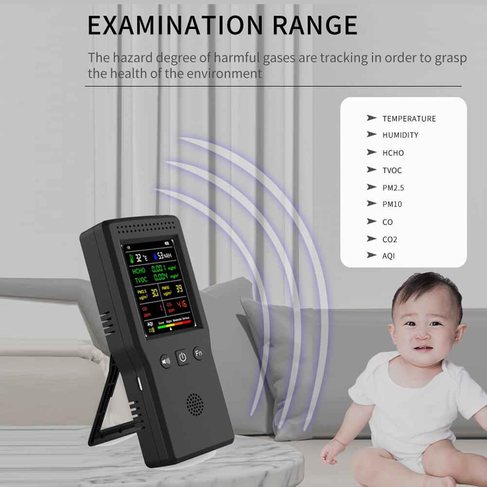 Máy Dò Chất Lượng Không Khí Di Động Cầm Tay Nhiệt Độ 9 Trong 1 Độ Ẩm PM2.5 PM10 HCHO TVOC CO CO2 AQI Máy Dò Chất Lượng Không Khí Đa Chức Năng Màn Hình Màu LCD Có Đèn Nền