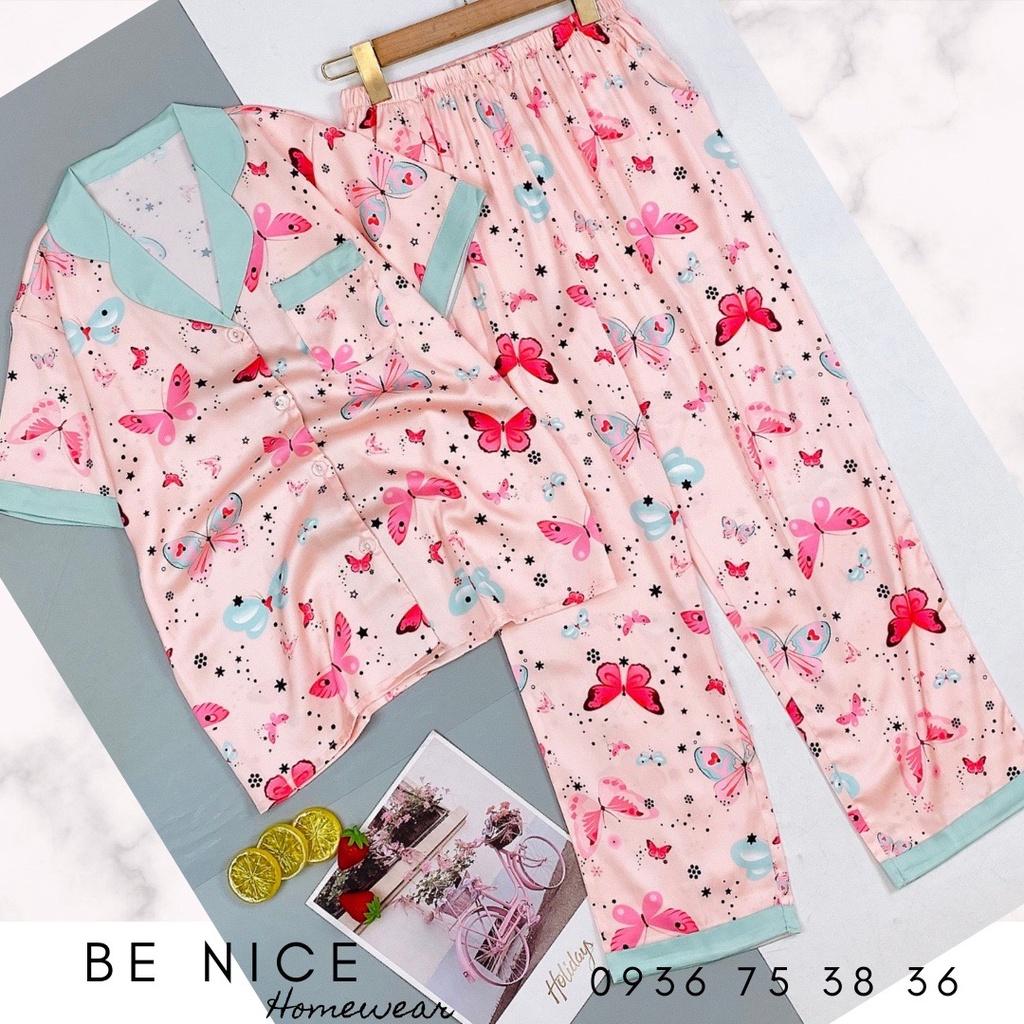 Set pijama lụa mặc nhà cổ phối màu tay ngắn quần dài, Be Nice Homewear