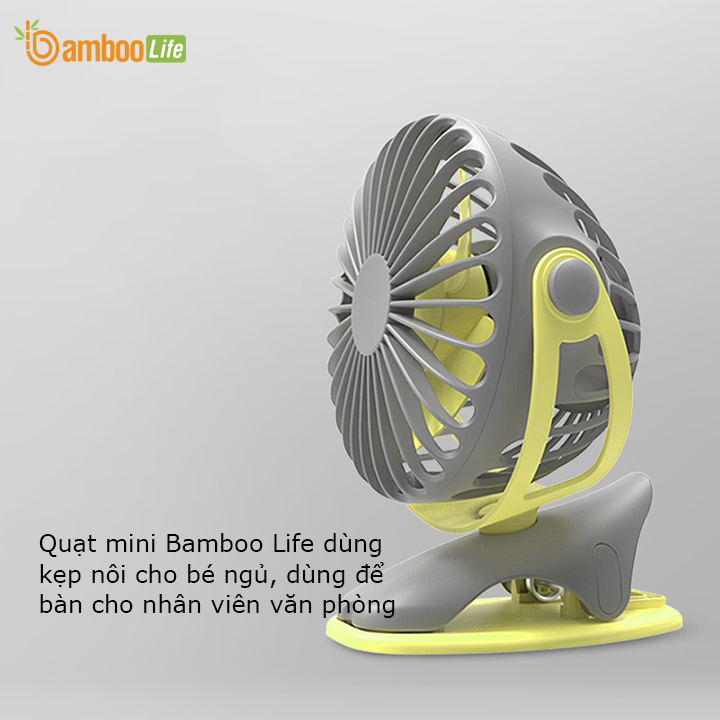 Quạt mini, quạt tích điện để bàn cầm tay Bamboo Life chính hãng dung lượng pin 4000mAh xoay 360 độ sạc pin kẹp nôi kẹp xe đẩy cho bé