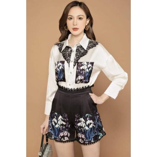 HÀNG NHẬP - SÉT BỘ SHORT ÁO CỔ SƠ MI PHỐI REN QUẦN HOA