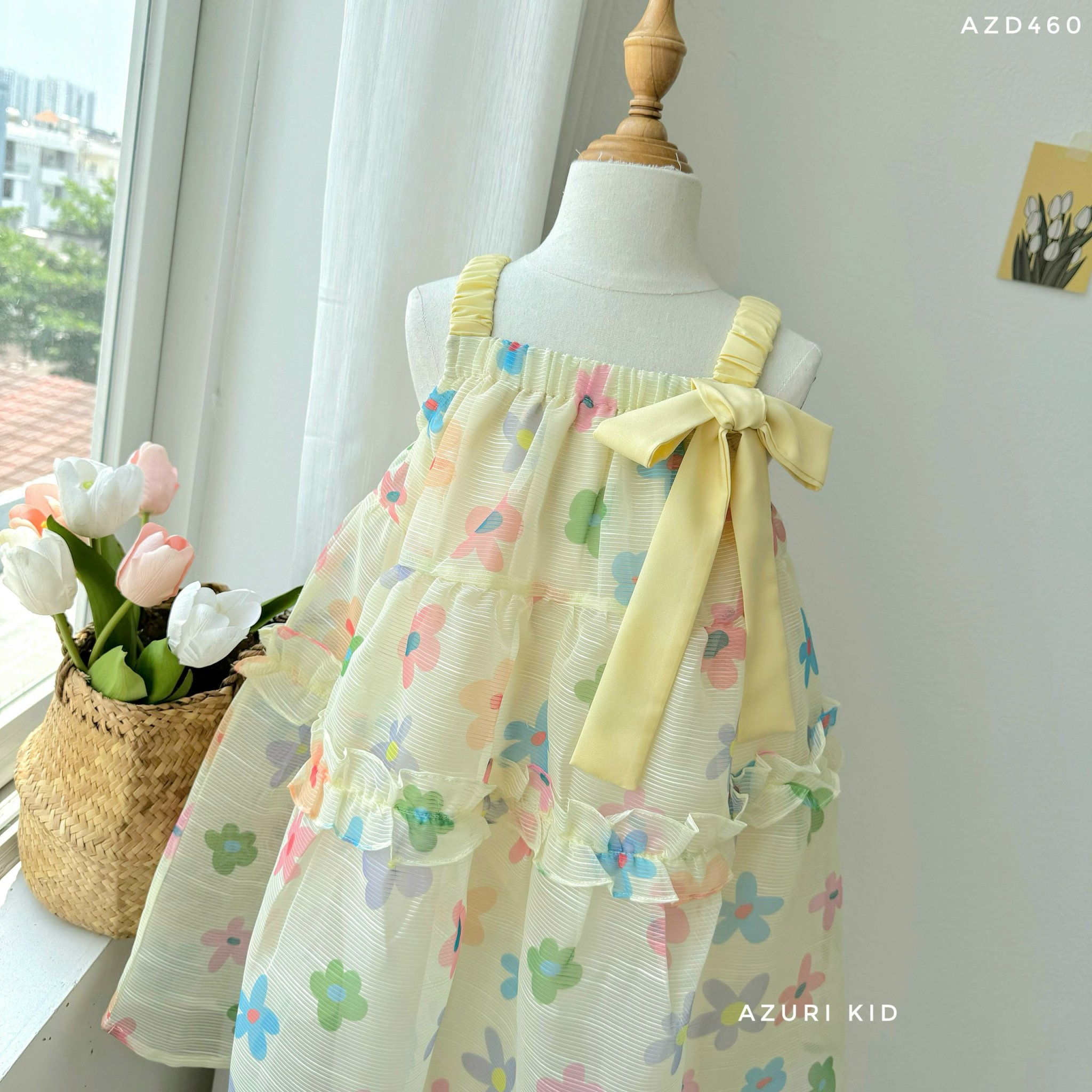 Đầm babydoll cho bé gái đính nơ cánh tiên phong cách Hàn Quốc từ 12-35kg chất vải tơ mềm mát