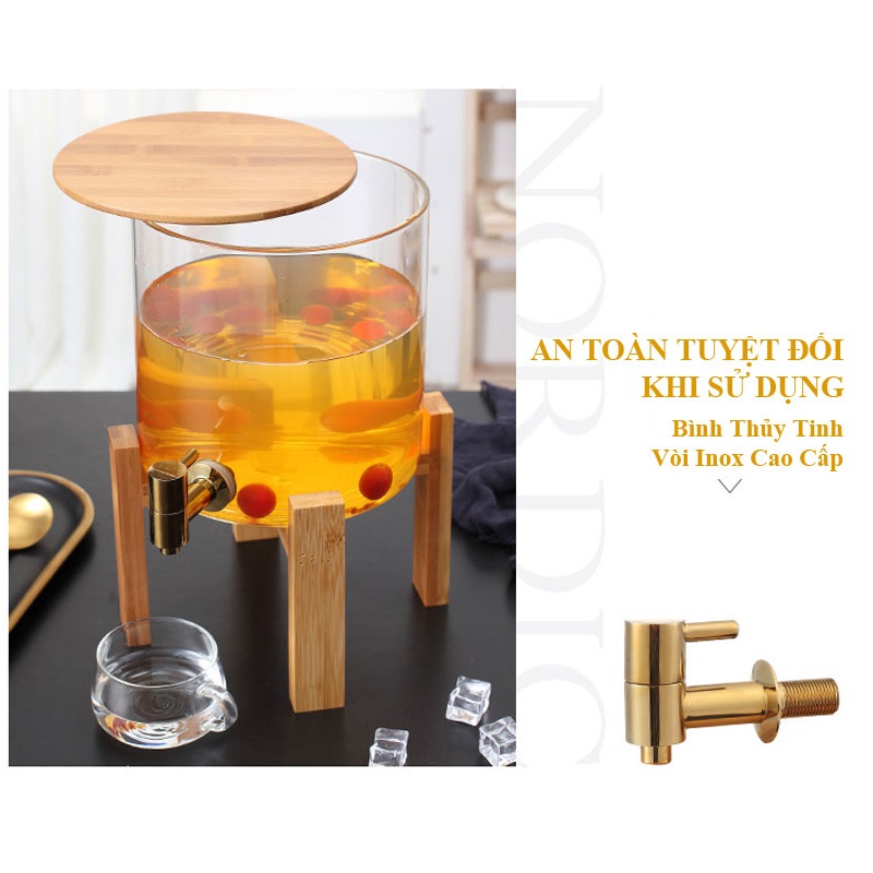 Bình thủy tinh đựng nước chịu nhiệt, bình ngâm nước trái cây có vòi kèm kệ gỗ sang trọng.