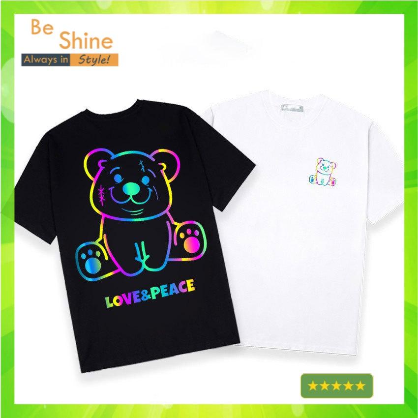 Áo Thun Unisex Form Rộng Gấu Love Peace Phản Quang 7 Màu , Áo Phông Cotton Cổ Tròn Tay Ngắn Thời Trang Nam Nữ