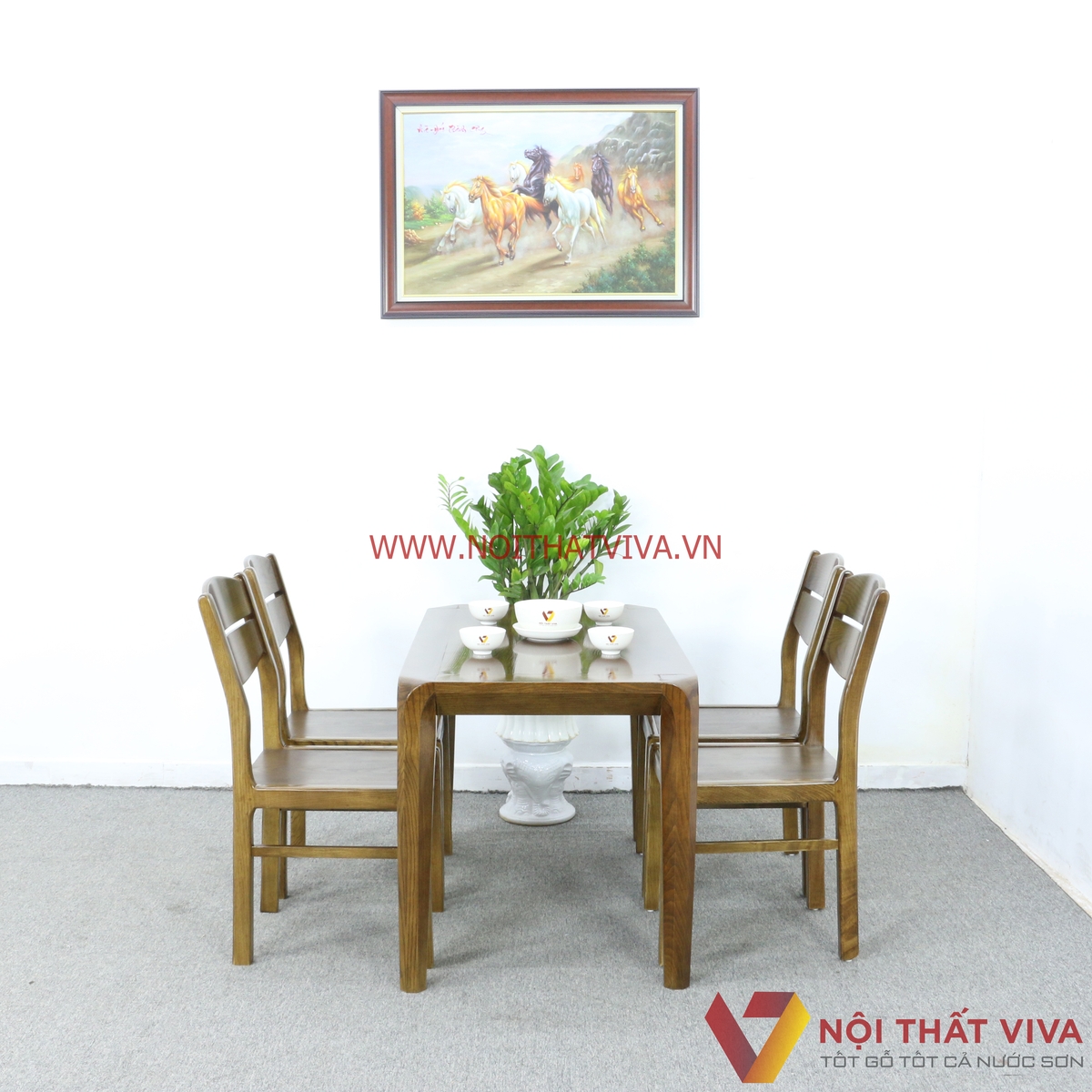 Bộ Bàn Ăn 4 Ghế Gỗ Sồi Nga Màu Óc Chó Bo Góc Đẹp Giá Rẻ