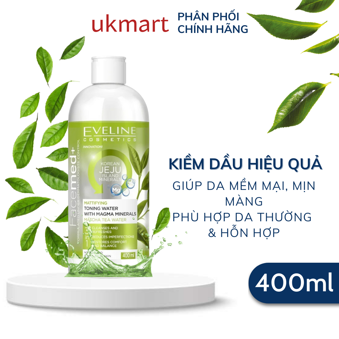 Nước Hoa Hồng Eveline Kiềm Dầu Khoáng Chất 400ml Toning Water With Magma Mineral Matcha Tea