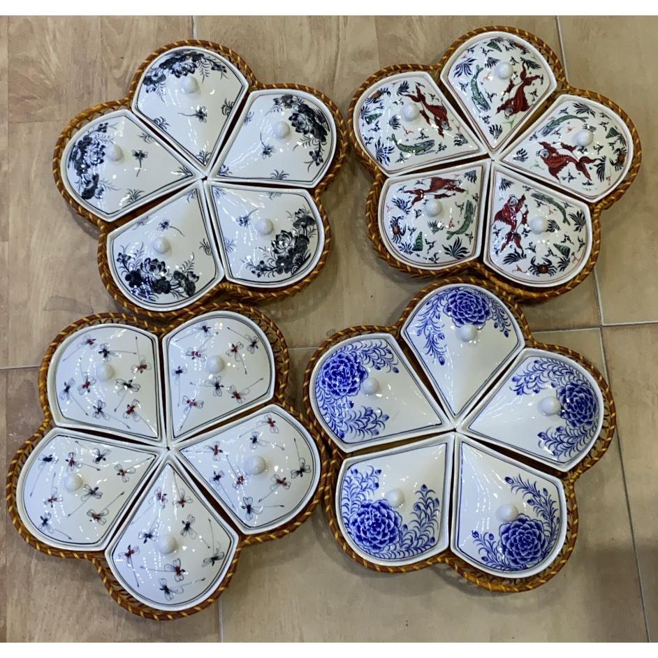 Khay mây gốm sứ 5 khay hình bông hoa