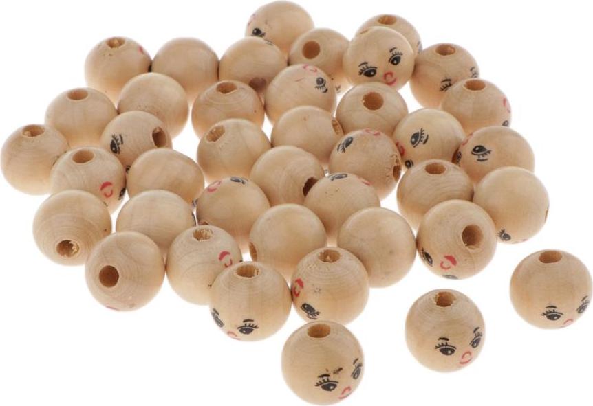 Set 40 Hạt Gỗ Tròn In Mặt Búp Bê Dùng Làm Trang Sức Độc Đáo