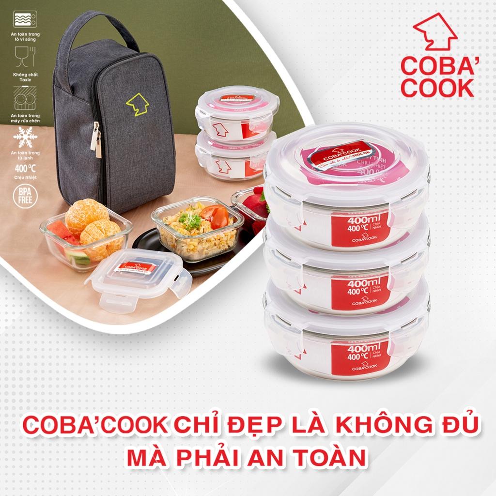 Bộ 3 hộp đựng cơm ,trữ thức ăn thủy tinh chịu nhiệt có 2 hộp chữ nhật 370ml + 1 hộp tròn 400ml và 1 túi giữ nhiệt- CCR4L33BS