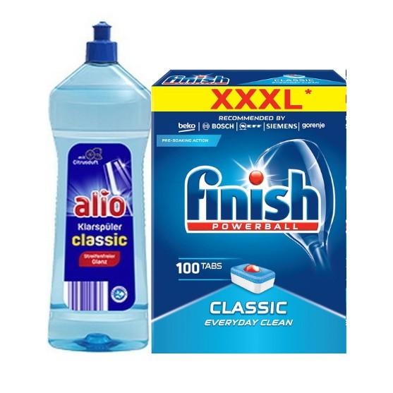 Combo Viên rửa bát Finish 100 tabs +1 Lit Nước làm bóng alio  dùng cho máy rửa bát chén