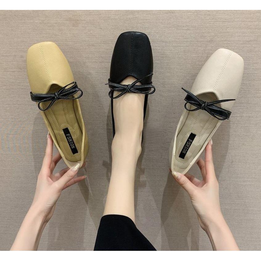 Giày búp bê bệt nữ da mềm, mũi vuông, đế cao su dẻo phối quai nơ phong cách Hàn Quốc, 2 màu Đen + Trắng, mã G42