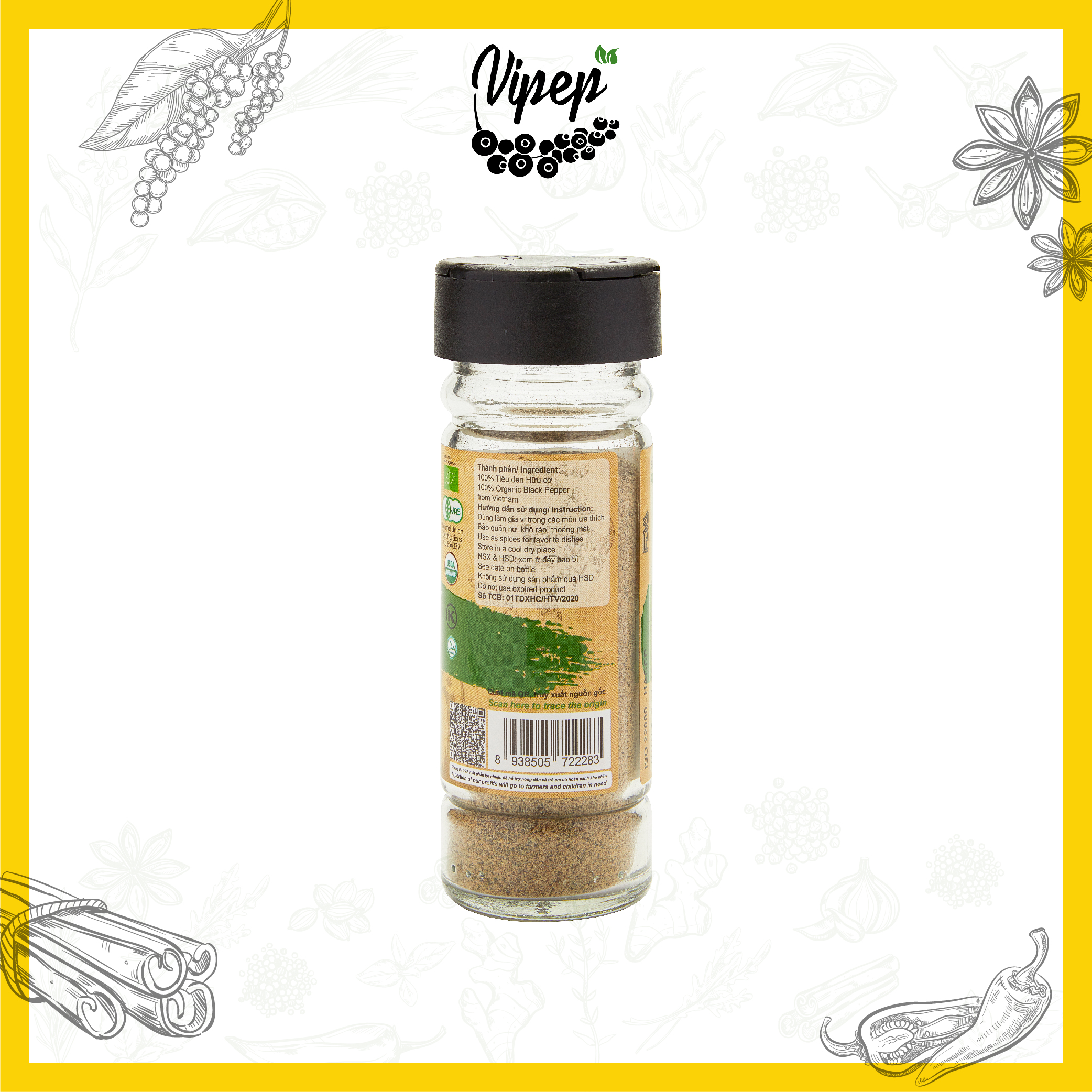 Tiêu Đen Xay Farmers' Organic Hũ Thủy Tinh Vipep 50g - Gia vị Vipep
