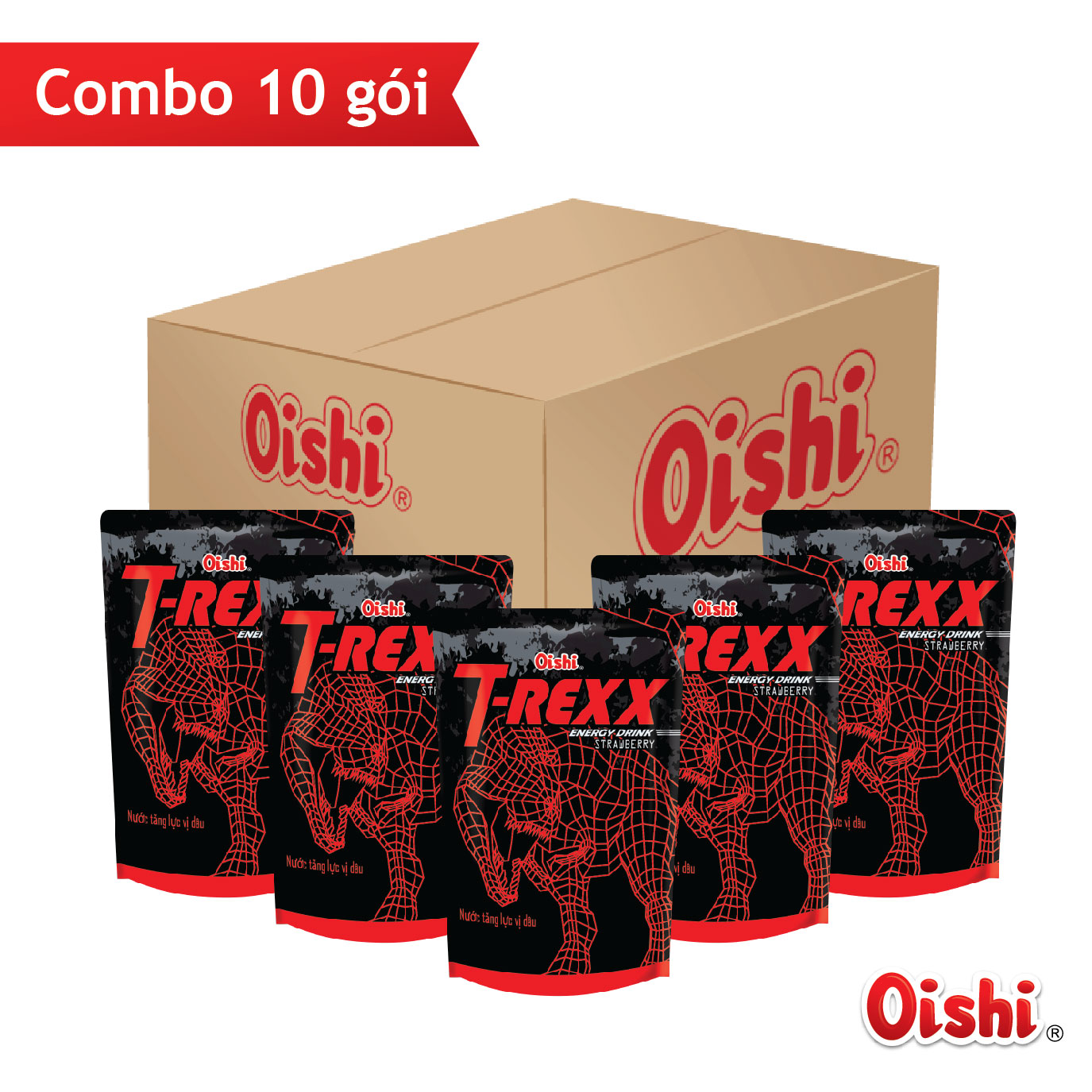 Combo 10 túi Oishi Nước Tăng Lực Vị Dâu T-Rexx