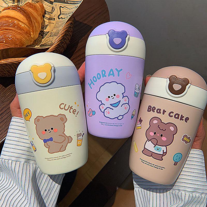 Ins Kawaii Gấu Nhiệt Chân Không Thép Không Gỉ Trẻ Em Ống Hút Nước Cho Trường Giữ Nhiệt Màu Bé Gái Dễ Thương Sippy Uống ly