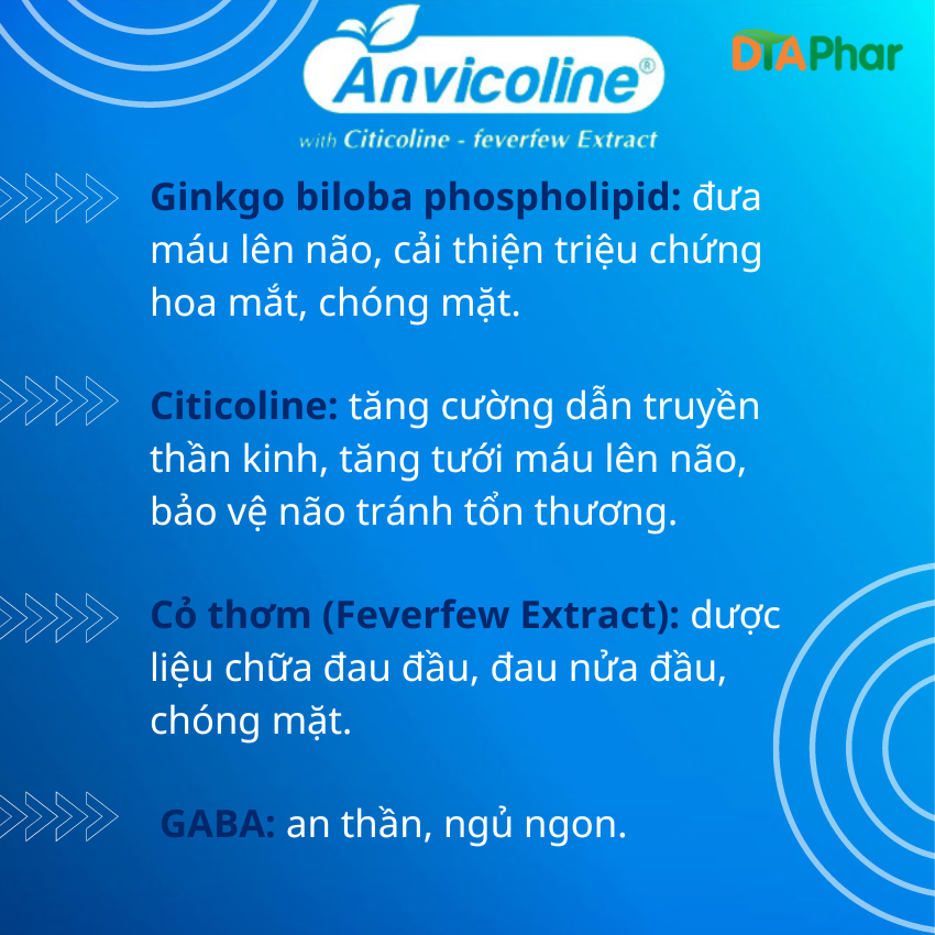 Viên uống hoạt huyết dưỡng não ANVICOLINE giảm nguy cơ thiếu máu não với các triệu chứng đâu đầu, khó ngủ, rối loạn tiền đình Hộp 10 viên neng mềm Tâm An Pharma