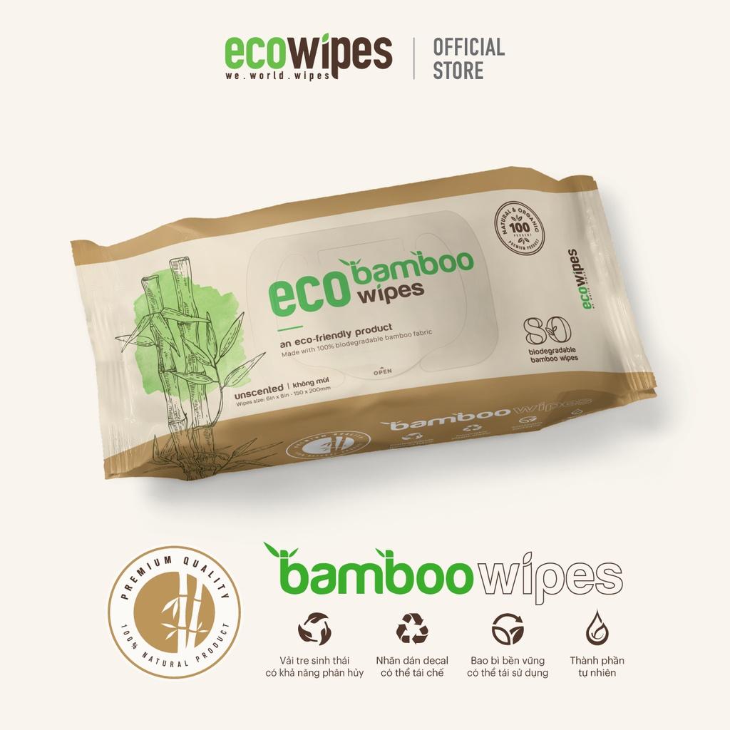 Combo 03 gói khăn giấy ướt cao cấp EcoWipes Bamboo gói 80 tờ vải sợi tre sinh thái không mùi có thể phân hủy