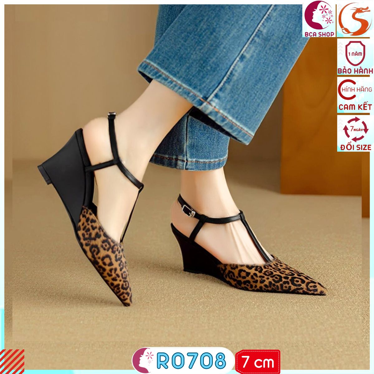 [THANH LỊCH + THỜI TRANG] Giày Đế Xuồng Nữ Quai Chữ T RO708 ROSATA Cao 7cm Mũi Nhọn Kèm Da Beo Thời Thượng