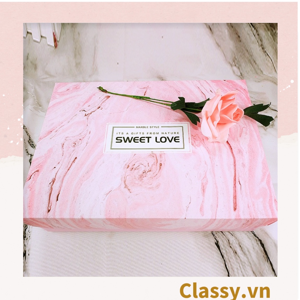 XÉ LẺ Túi giấy hoặc Hộp quà Làm quà tặng 30,5x22x8,5cm hoạ tiết cẩm thạch in chữ SWEET LOVE Q757