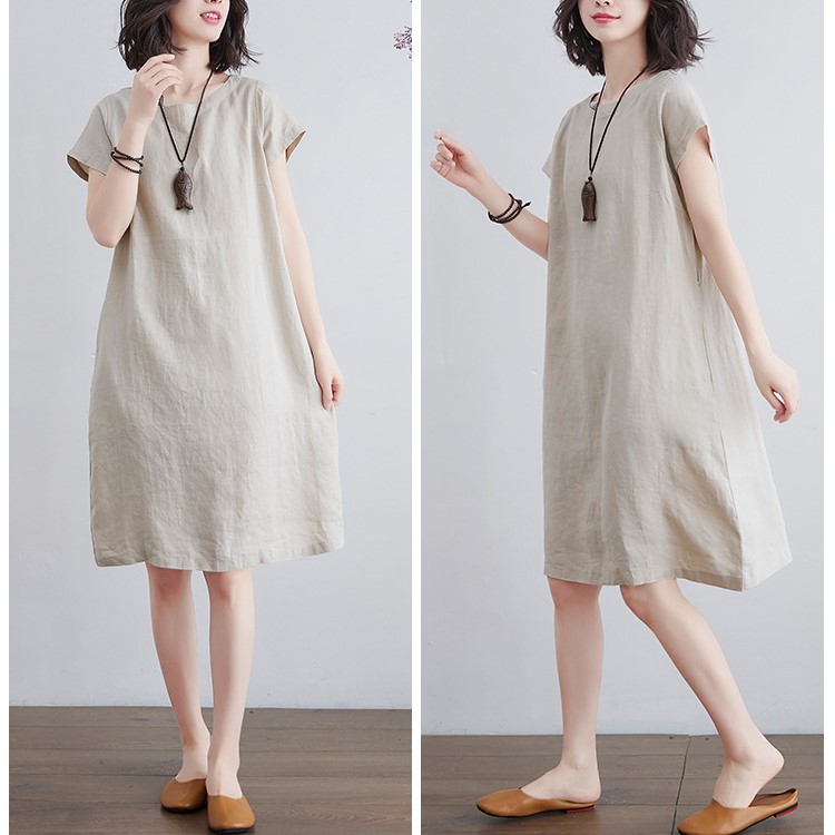 Đầm linen công sở họa tiết trơn, đầm babydoll form rộng che khuyết điểm CS81