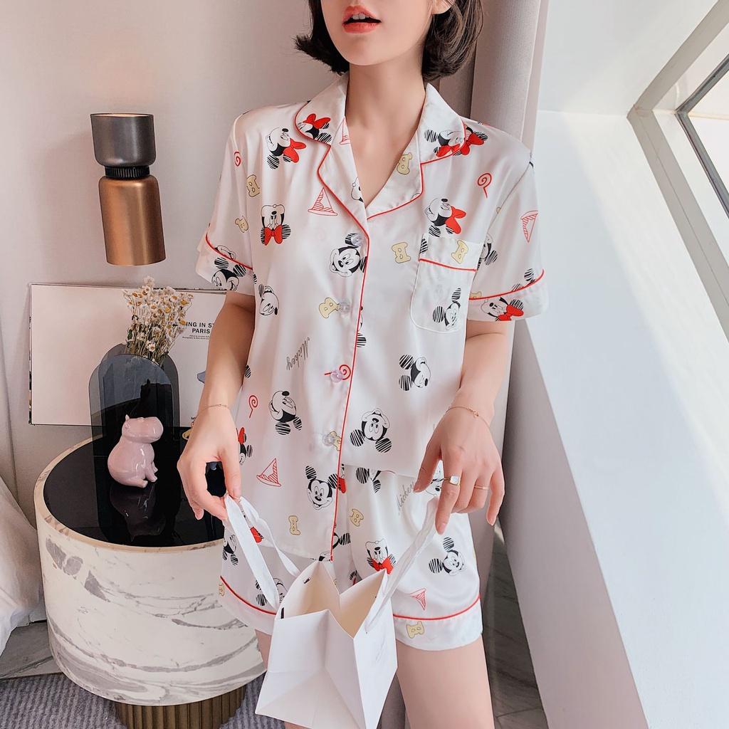 Đồ Bộ Nữ Ngắn - Đồ Mặc Nhà Vải Lụa Màu Trắng và Cam Cao Cấp In Họa Tiết Hoạt Hình CCLP13