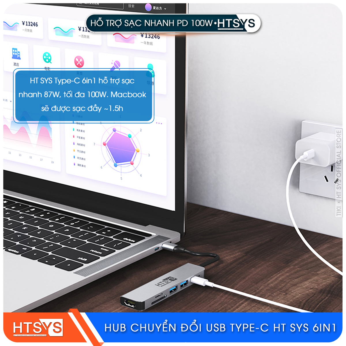 Hub Chuyển Đổi USB Type C HT SYS 6 in 1 To HDMI, USB 3.0, SD, TF, PD 100W - Hàng Chính Hãng