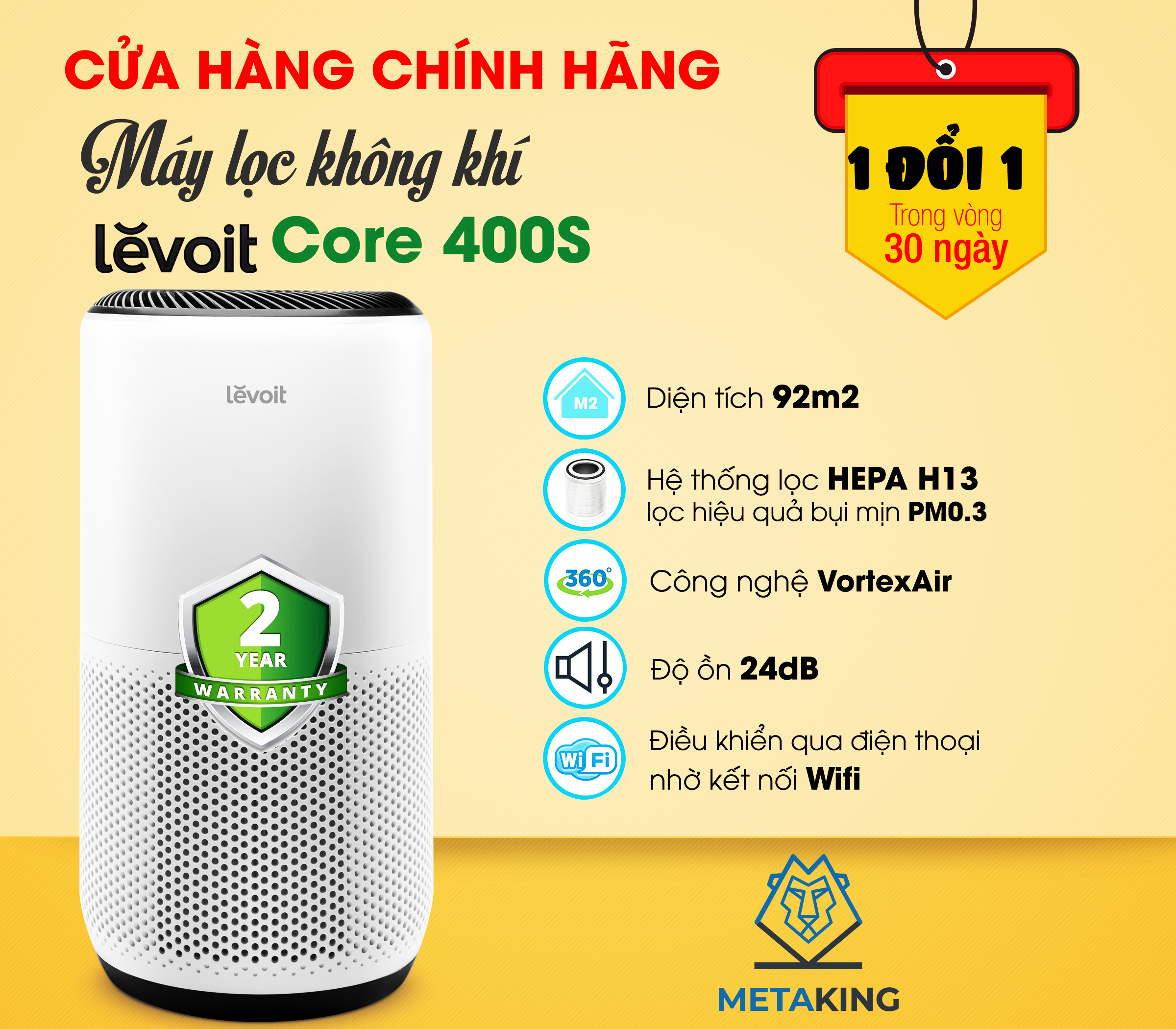 Máy Lọc Không Khí Diệt Khuẩn Levoit Core 400S 92m2 | Cảm Biến Đo Không Khí | Điều Khiển Qua App | Hàng Chính Hãng