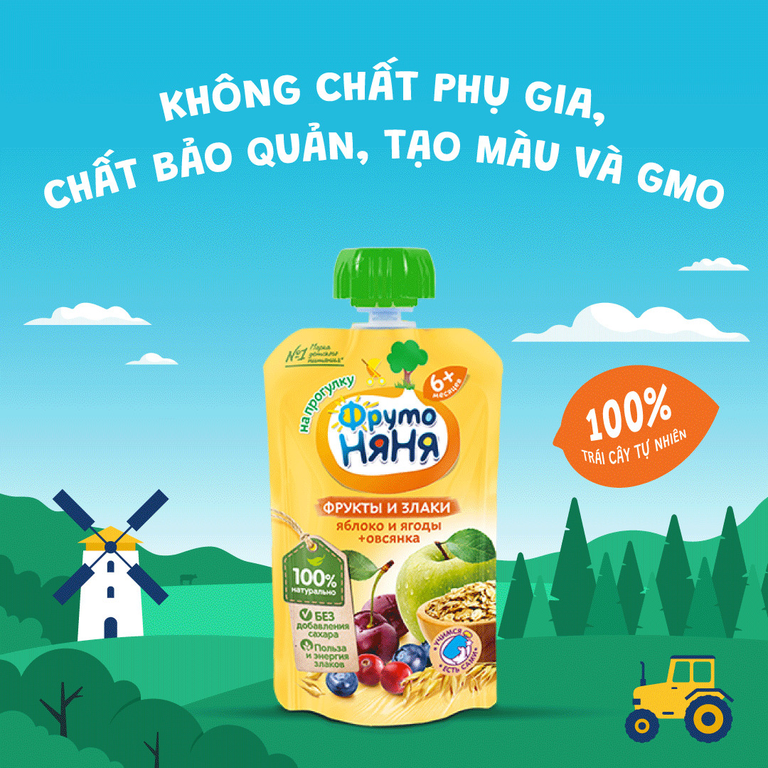 Thùng 12 Gói Trái cây nghiền vị táo, quả mọng và yến mạch Fruto Nyanya 130g