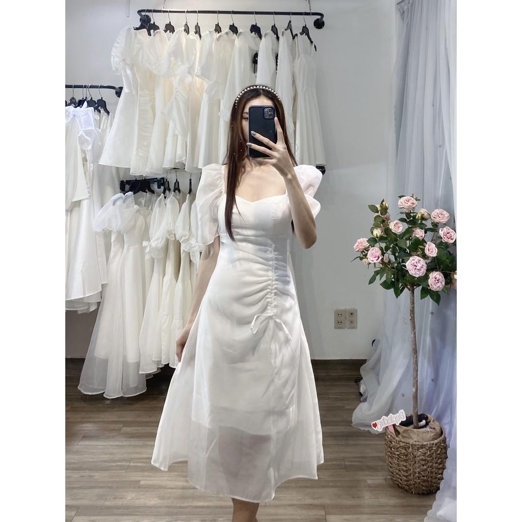 Đầm Dự Tiệc Tay Phồng Rút Dây Hông