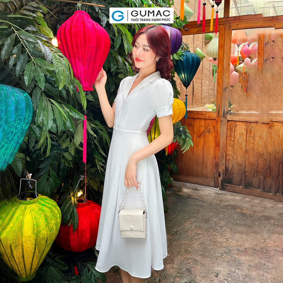 Đầm A xòe tay phồng GUMAC DD08048
