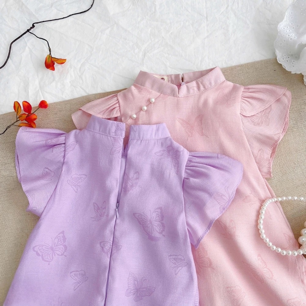 Set Bộ Quần Áo Dài Họa Tiết Hồ Điệp Tay Ngắn Phồng Cho Bé Gái 1-8 Tuổi Dành Cho Bé Gái