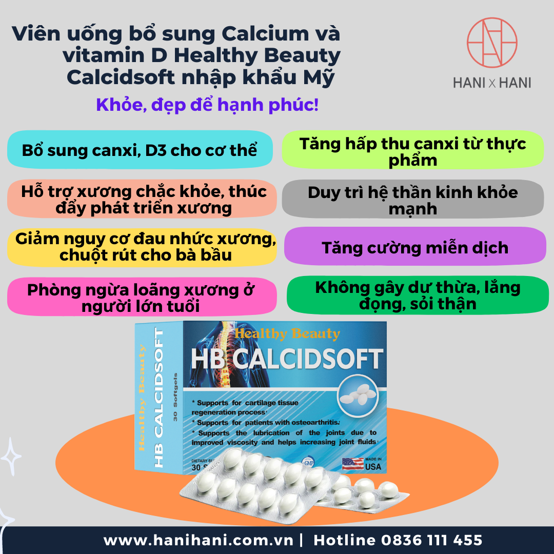 [CHÍNH HÃNG] Viên uống bổ sung Calcium và vitamin D Healthy Beauty Calcidsoft nhập khẩu Mỹ giúp xương chắc khỏe, phòng chống loãng xương hộp 30 viên