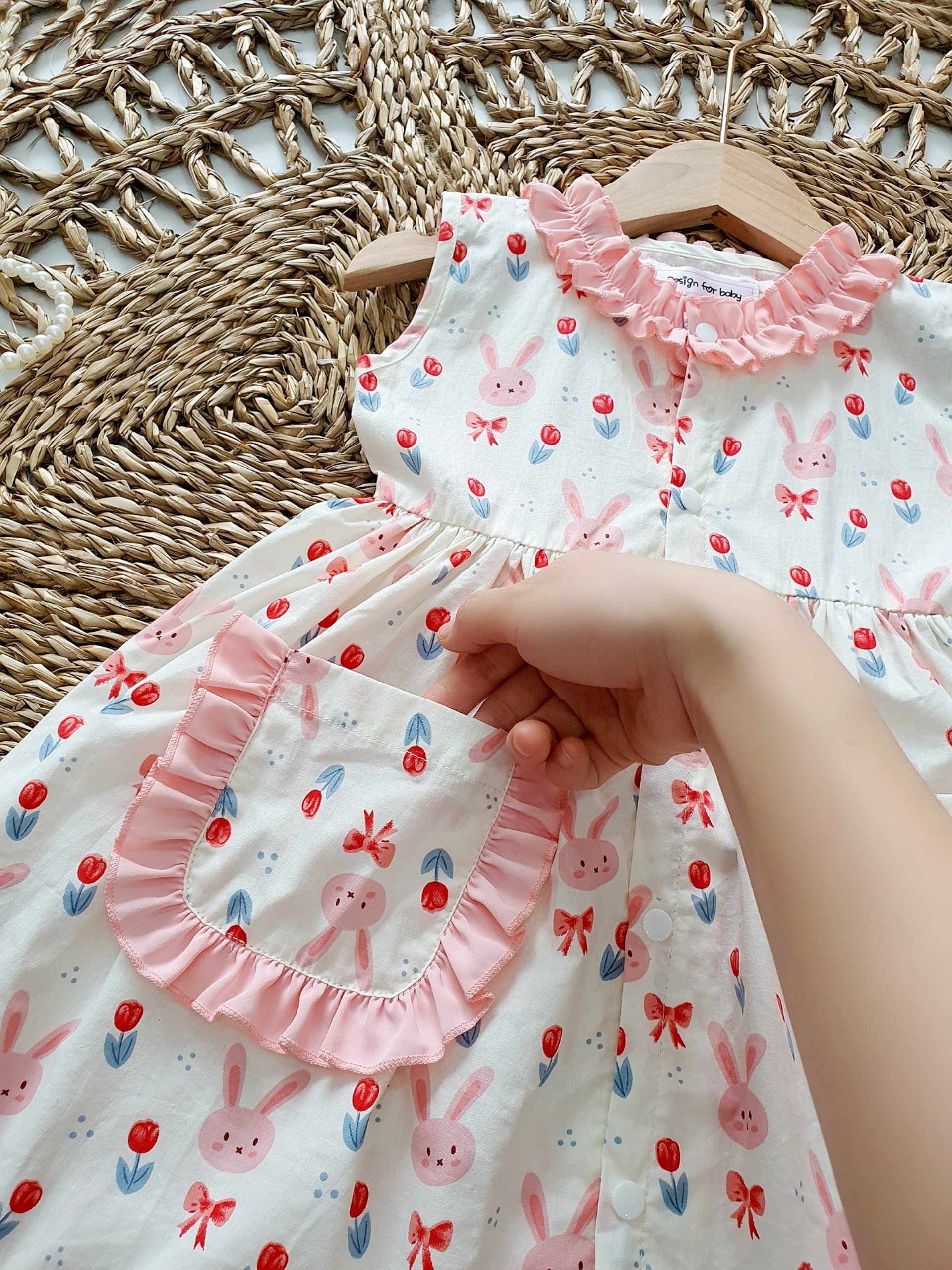 Váy bé gái,váy túi thỏ hồng thiết kế dễ thương chất thô Hàn phối đũi cara mềm đẹp cho bé diện hè 4kg đến 28kg