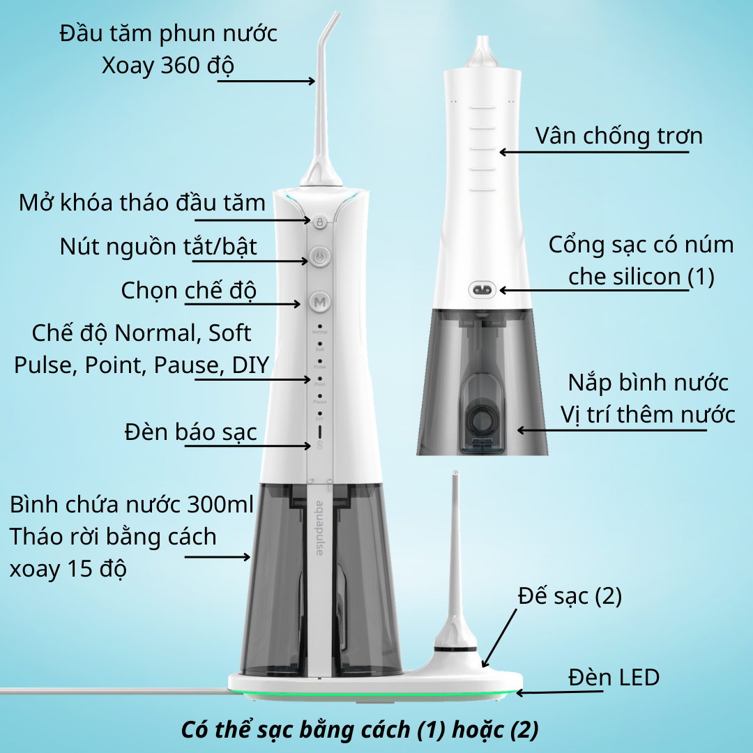 Máy tăm nước Aquapulse X6 Oral Irrigator cầm tay sạc không dây - 6 chế độ làm sạch răng miệng