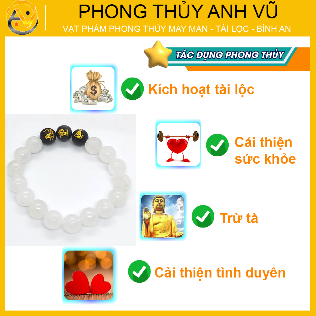 Vòng tay đá mã não tam hợp dần ngọ tuất - size 8 10ly cho nữ mệnh thủy, mệnh kim - có khai quang điểm nhãn may mắn tài lộc - bảo hành 12 tháng - PHONG THỦY ANH VŨ