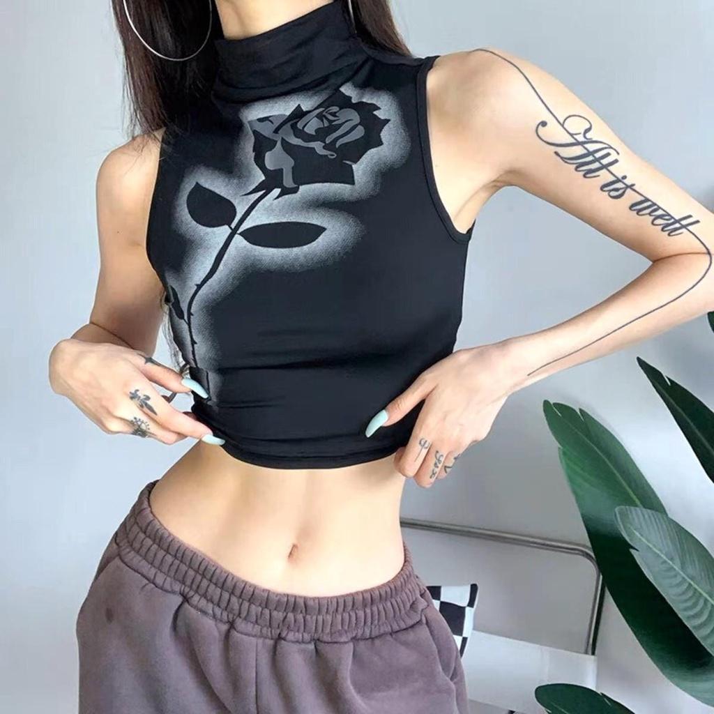 Áo croptop sát nách PINKSTORE29 dáng ôm body, cổ lọ, in hoa hồng cực chất A5580