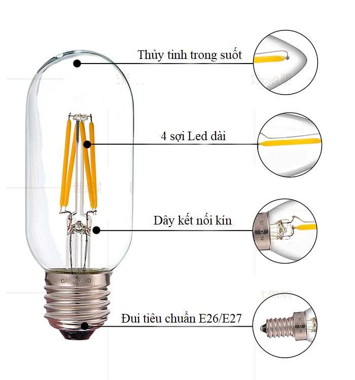 Bộ 8 bóng đèn Led Edison T45 4W đui E27 hàng chính hãng.