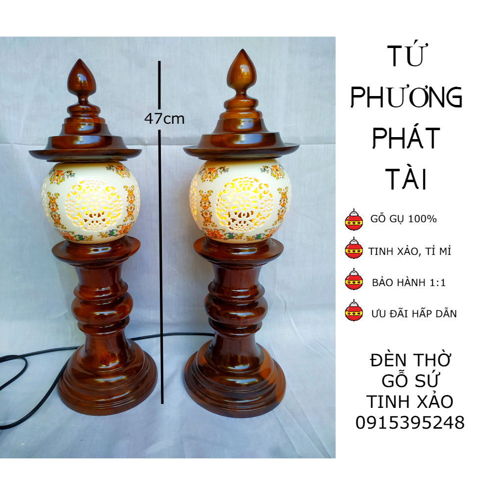 Đôi đèn thờ gỗ sứ tinh xảo TỨ PHƯƠNG PHÁT TÀI (tặng kèm bóng LED dự phòng