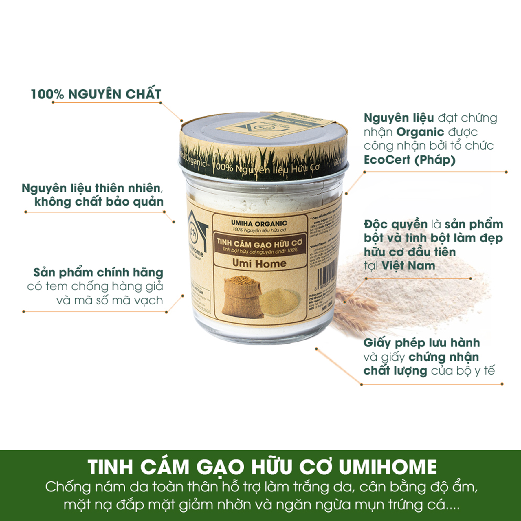 Tinh Bột Cám Gạo Nguyên Chất UMIHOME (135g) Dùng cho dưỡng da loại bỏ mụn, tẩy da chết hiệu quả tại nhà