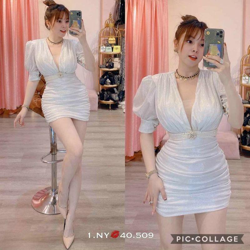 Đầm body nhún tay phồng