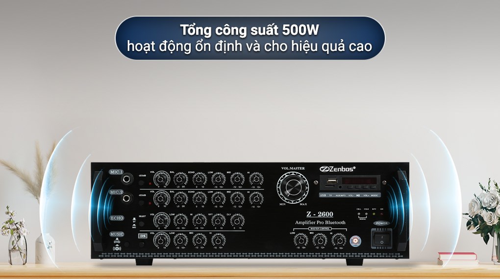 Amply Karaoke Bluetooth Công Suất Lớn 500W Zenbos Z2600, 8 Sò(Hàng Chính Hãng)