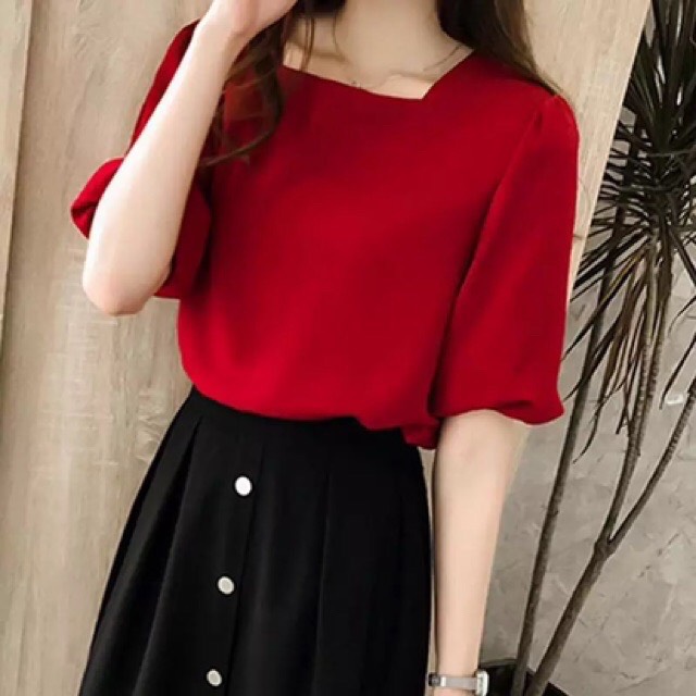 Áo Kiểu Nữ Cổ Vuông Tay Phồng Thời Trang - Đỏ - M
