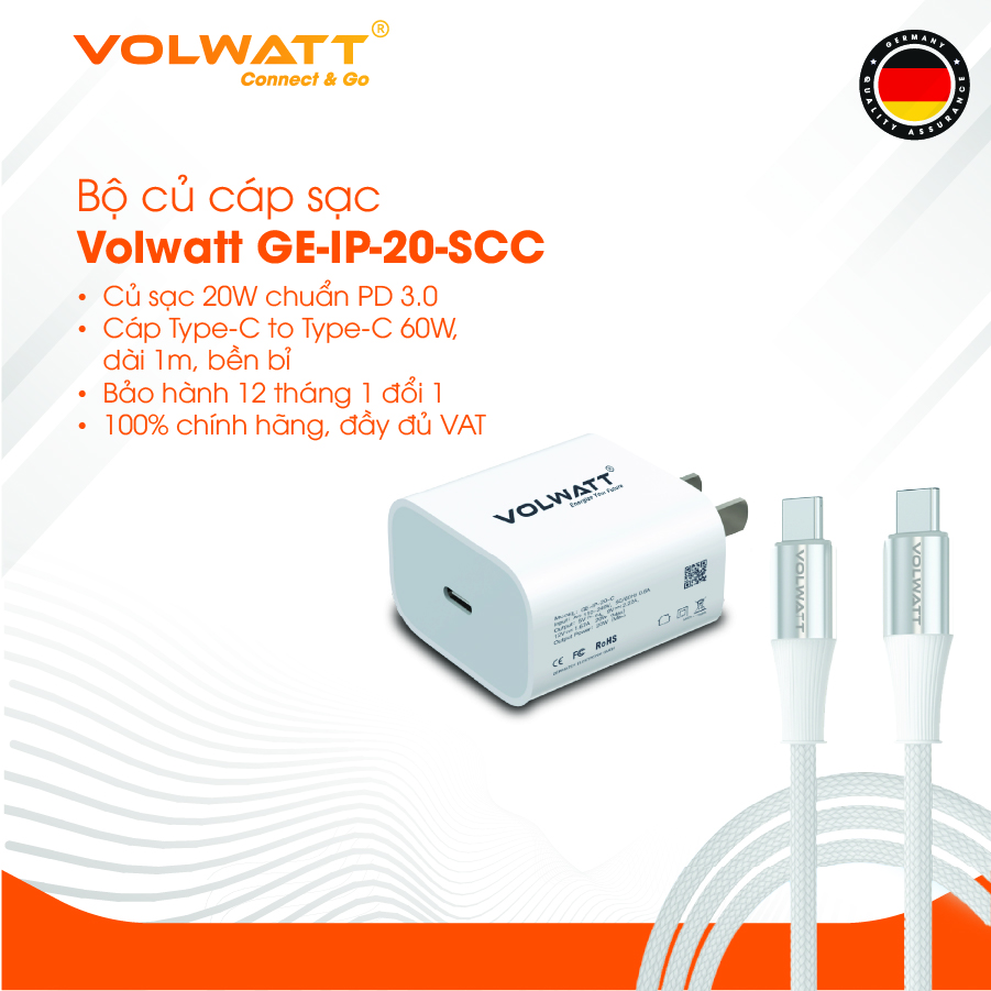 Bộ củ cáp sạc nhanh Volwatt GE-20-SCC 20W hàng chính hãng | Adapter PD Type-C + Cáp Type-C to Type-C 60W, dài 1m – BH 12 tháng