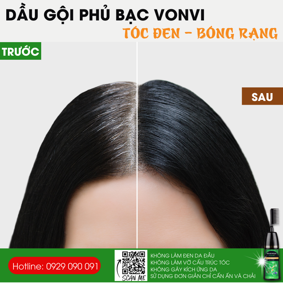 Dầu gội phủ bạc VONVI giúp tóc đen tự nhiên bóng rạng sau 10 phút với thiết kế lược chải đen tóc thông minh, không xót, không làm đen da đầu 200 ml