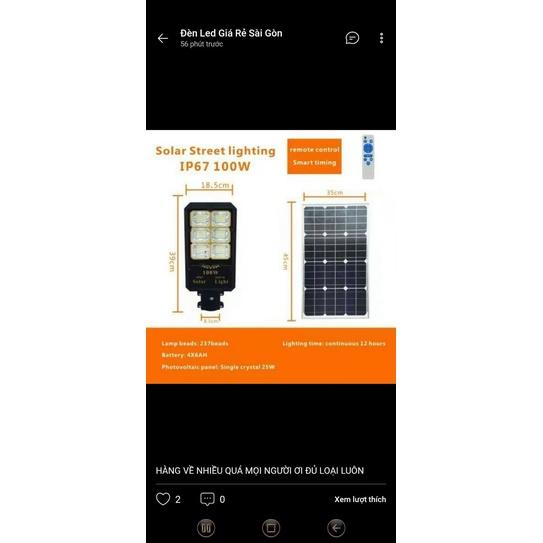Đèn năng lượng mặt trời pin MoNo cao cấp 100W sáng như đèn điện chuyên đèn đường, sân vườn chống nước IP67