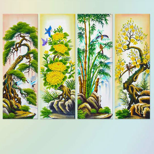 Bộ 4 Tranh Canvas Không Viền Treo Tường Tứ Quý: Tùng - Cúc - Trúc - Mai W288